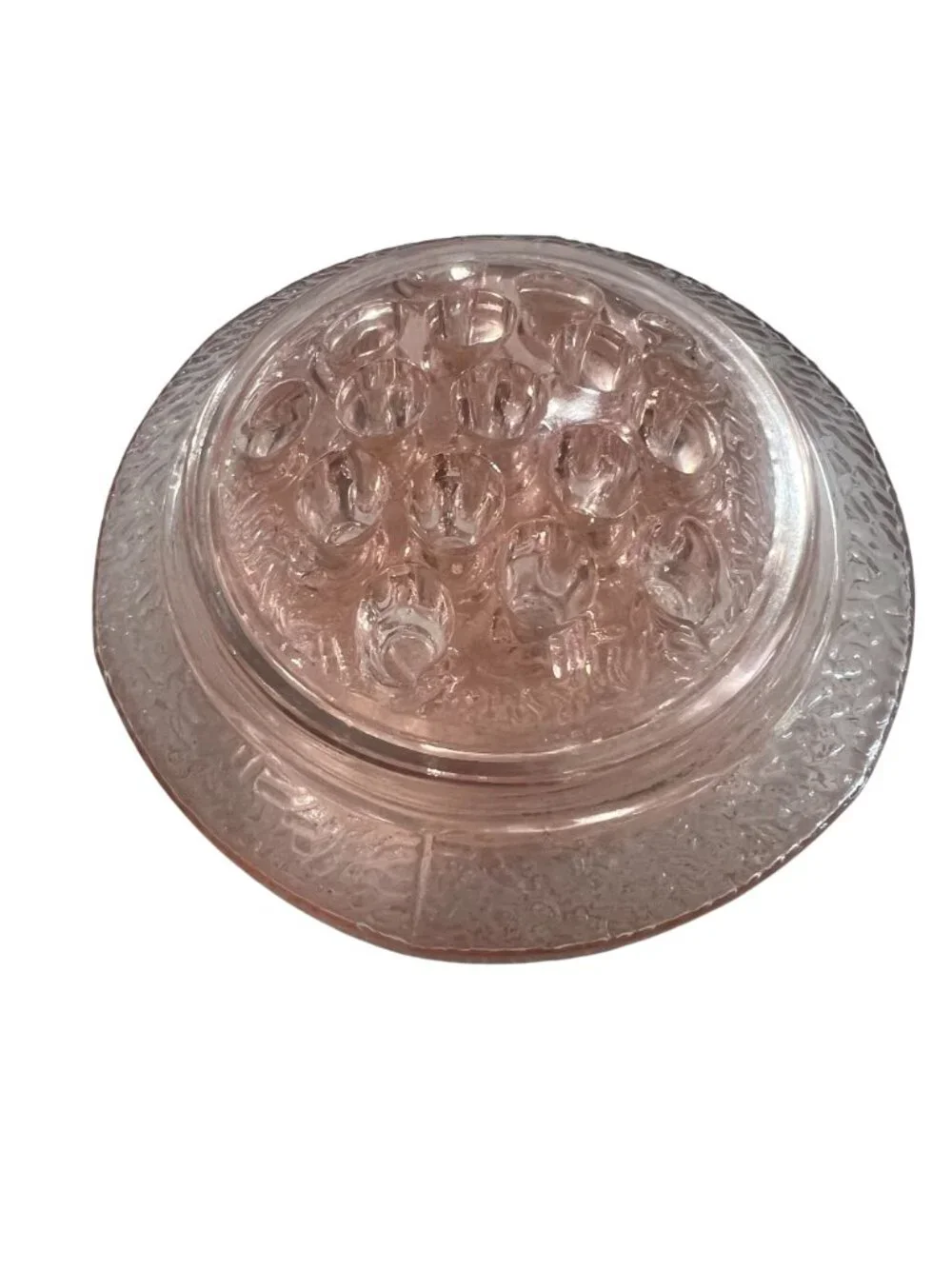 Vintage Pink Depression Glass Flower Frog Round Textured Design Superb